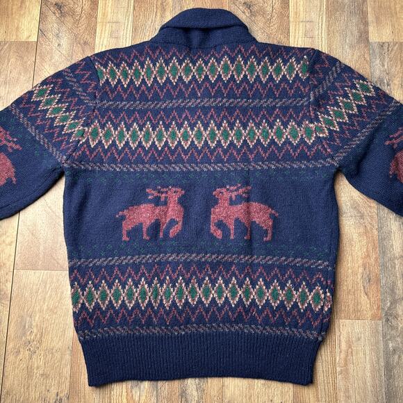 Vintage 100% Wool Knit Fair Isle V Neck Sweater Men's XL Blue Cesarani - Picture 2 of 10